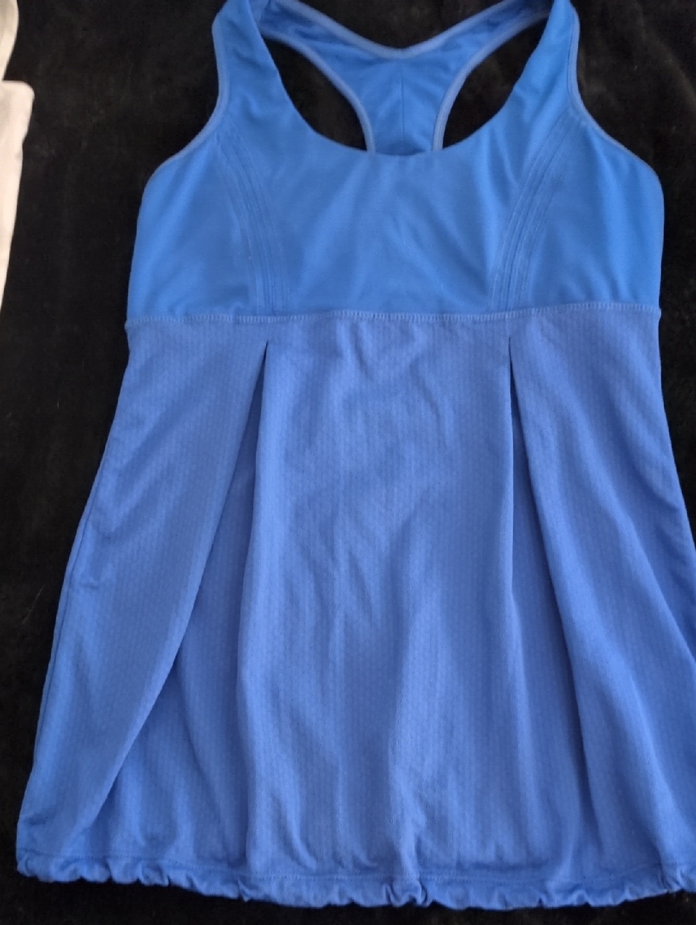 Blue Racerback Athletic Top: Flattering Shaping, Drawstring Bottom, Built-in Bra